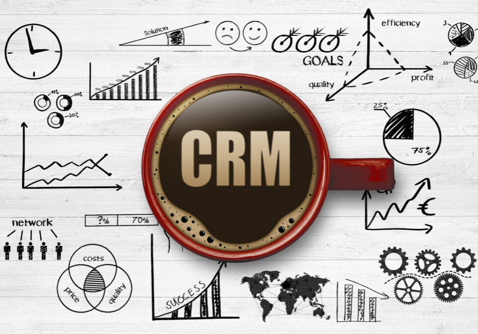 CRM graphic with coffee cup.